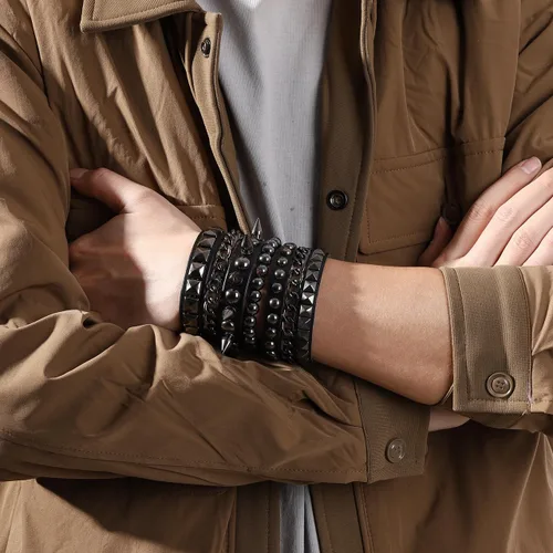 Vista 8 de Eigso Pulseras de cuero punk rock para hombres y mujeres, estilo retro, vintage, cadena de los años 80, para hombre y mujer