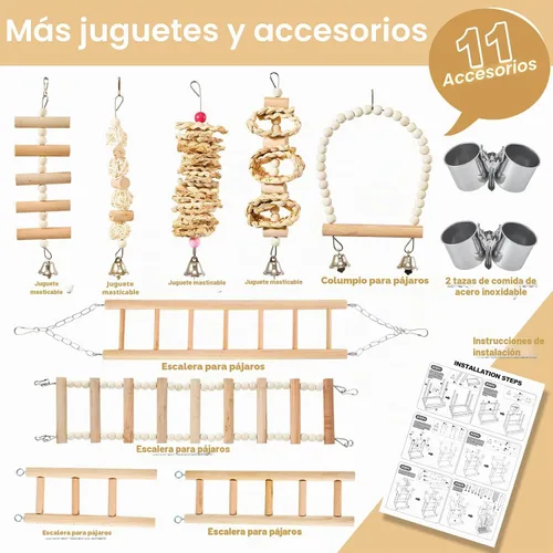 Vista 6 de LIMIO Parque de Juegos para Pájaros - Soporte de Juego de Madera Natural para Loros con Perchas, Gimnasio de Juego para Pájaros y Accesorios