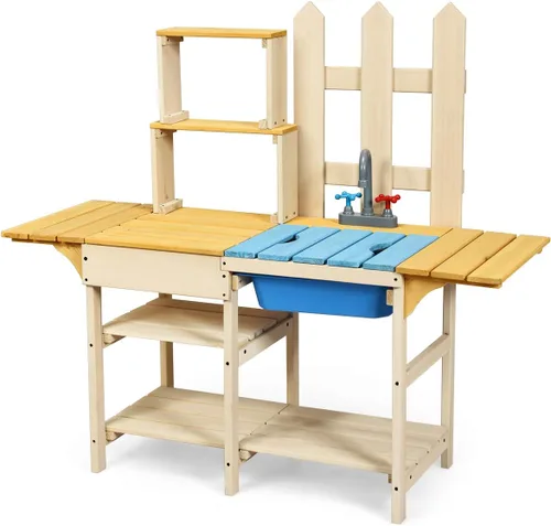 Vista 9 de HONEY JOY Juego de cocina de barro para niños, para interiores y exteriores, juguete de simulación de madera con fregadero extraíble, grifo