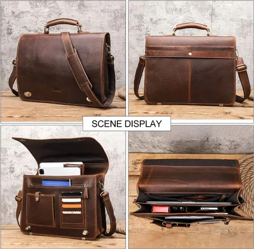 Vista 8 de CONTACTS Bolsa de mensajero para hombre, grande, de 15.4 pulgadas, maletín de cuero de caballo loco, bolsa para laptop, bolso cruzado vintage