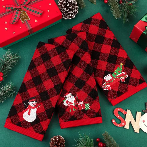 Vista 5 de MCEAST Paquete de 3 toallas de mano navideñas de 14 x 25 pulgadas, toallas de algodón bordadas, toallas de baño navideñas rojas y negras a cuadros