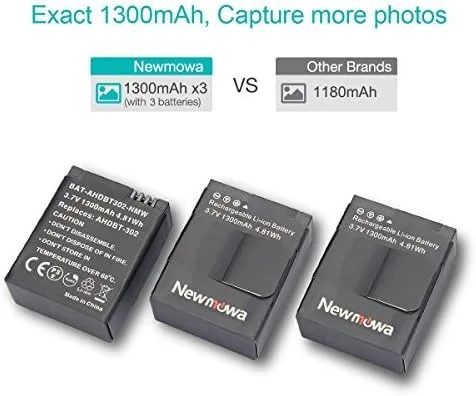 Vista 3 de Newmowa Batería de repuesto AHDBT-302 de 1300 mAh (paquete de 3) y cargador rápido de 3 canales para GoPro Hero 3, GoPro Hero 3+, AHDBT-301