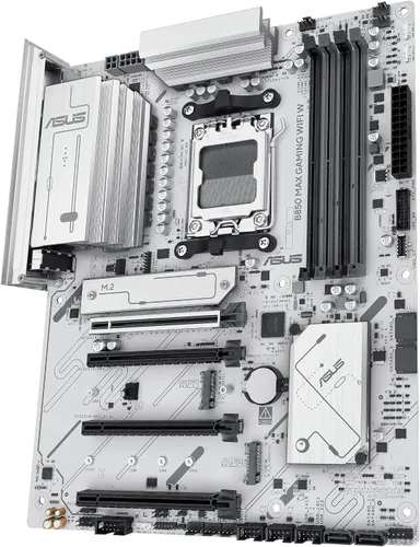 Vista 7 de ASUS B850 MAX Gaming WiFi W - Placa base AMD AM5 ATX, PCB blanco, DDR5, PCIe 5.0 listo, 3X M.2, Wi-Fi 6E, LAN de 2.5 Gb, USB 10 Gbps tipo C