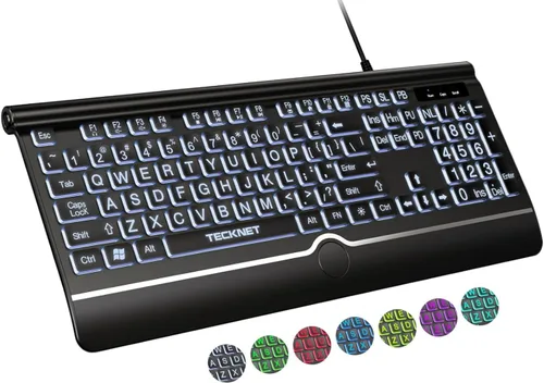 Vista 9 de TECKNET Teclado retroiluminado de impresión grande, teclado de computadora USB-A con cable con reposamuñecas, retroiluminación de 7 colores, teclas