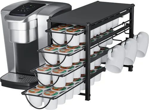 Vista 11 de HFHOME Soporte para cápsulas de café con parte superior de madera, compatible con K-Cups, cajón de almacenamiento de cápsulas de café de 4 niveles