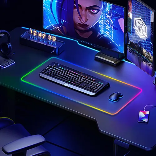 Vista 6 de Alfombrilla de mouse grande RGB para juegos, 15 modos de luz, control táctil, alfombrilla de teclado de computadora suave extendida, base de goma