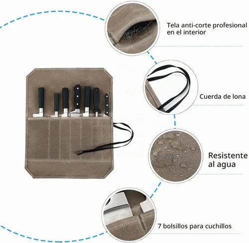 Vista 3 de HERSENT Funda enrollable para cuchillos de chef, lona encerada, soportes para cuchillos, protectores, herramientas de cocina para el hogar y 1. Caqui