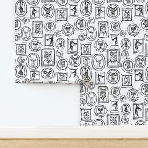 Vista 4 de Spoonflower Papel tapiz para despegar y pegar, marco de retrato de animales caprichoso, bosque, negro, blanco, cuarto de niños, papel tapiz