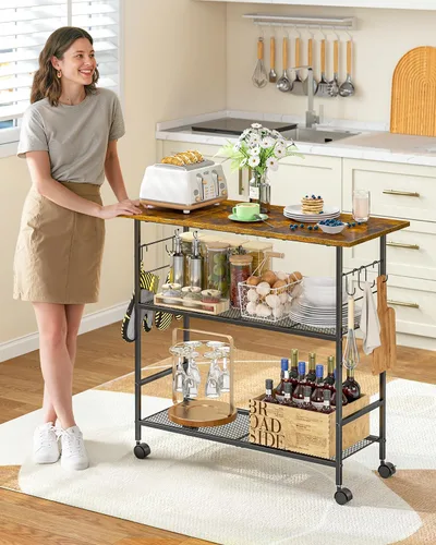Vista 4 de Isla de cocina con 3 estantes, carrito de cocina rodante con 6 ganchos y estante protector, soporte de microondas con ruedas bloqueables, estante