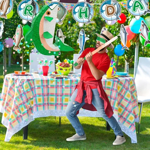 Vista 5 de Juego de pesca de piñata de pez verde, piñata oceánico bajo el mar, suministros para decoración de fiesta de adultos con palo de murciélago