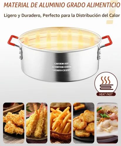 Vista 8 de Freidora de pescado 10QT con canasta, tapa y pinzas, olla de aluminio Olla con termómetro, para pescado, alas de pollo y papas fritas, solo llama