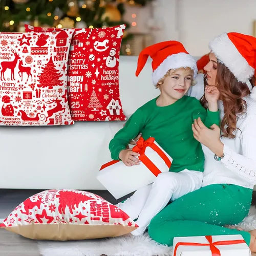 Vista 4 de Juego de 6 fundas de almohada navideñas de 18 x 18 pulgadas, fundas de cojín decorativas de Navidad para sofá, decoración del hogar, fundas de cojín