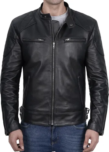 Vista 3 de Decrum Chaqueta de cuero para hombre - Chaqueta de cuero de piel de cordero real estilo Cafe Racer estilo casual para motocicleta para hombre