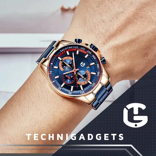 Vista 4 de Technigadgets Grayson - Reloj cronógrafo para hombre, multifunción, de cuarzo, luminoso, analógico, con correa de acero inoxidable y fecha, 98.4ft