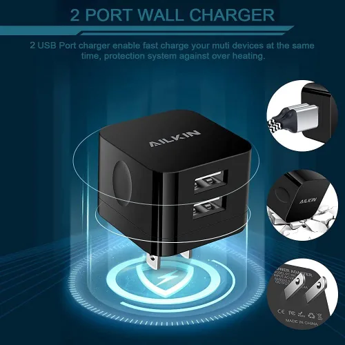 Vista 4 de 2 paquetes de cargadores de pared USB, bloque de carga rápida de 2.4A de doble puerto cuadrado plano, adaptador de corriente AC, estación de carga