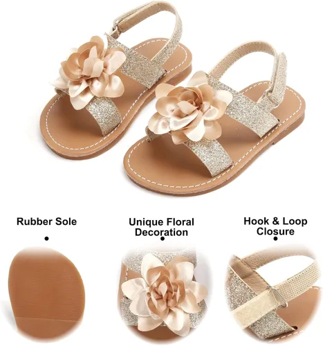 Vista 4 de Felix & Flora Sandalias para niña pequeña - Zapatos de vestir para niña de flores, puntera abierta, zapatos planos de verano para niños pequeños