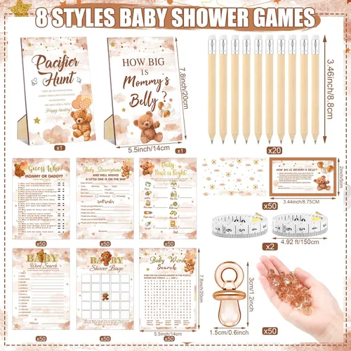 Vista 3 de Sherr Juego de 424 chupetes para baby shower, incluye letrero de caza y 50 chupetes acrílicos, Bingo Price Guess How Is Big Search for Brown Baby