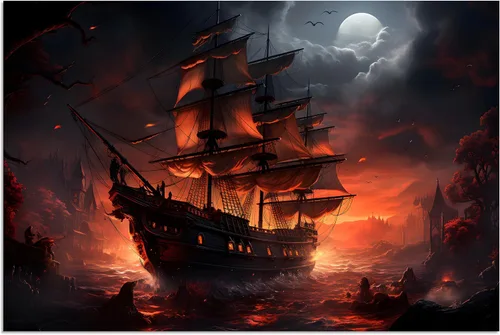 Vista 22 de TutuBeer 3 Piezas Arte de Pared Batalla Naval Barco Imagen Barco Pirata Velero Póster Barco Pirata Azul en Llamas Imagen Impresa en Lienzo Póster