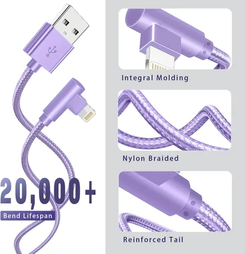 Vista 2 de Cargador para iPhone, paquete de 3 cables Lightning de 6 pies [certificado Apple MFi] Cable de carga rápida para iPhone de 90 grados, cable trenzado