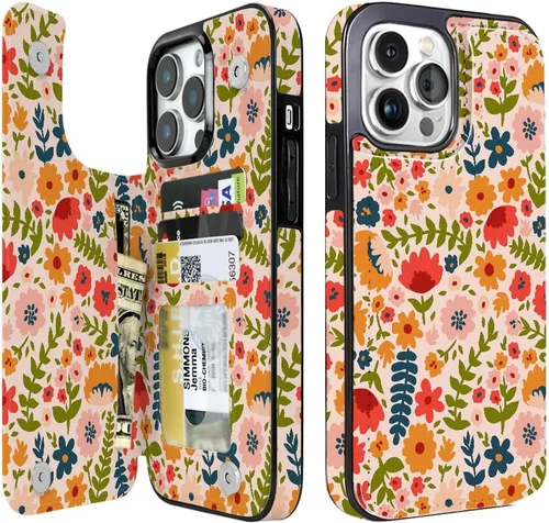 Vista 31 de uCOLOR - Funda tipo cartera para iPhone 15 con tarjetero y diseño de lunares con leche de almendra Bloqueo RFID de piel sintética para mujeres