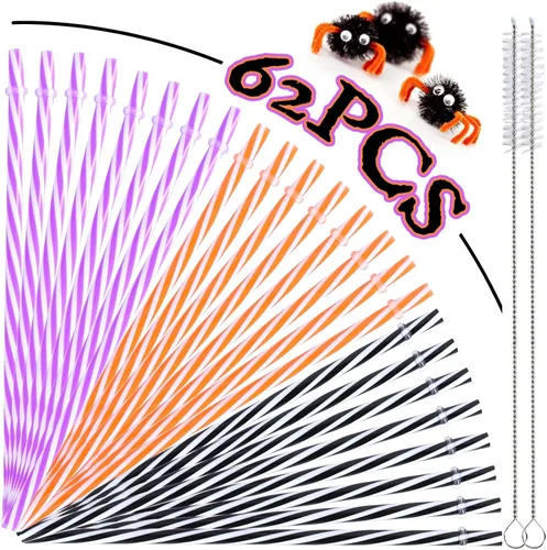 Vista 2 de Whaline 60 popotes de plástico reutilizables para Halloween con 2 cepillos de limpieza para pajillas, color naranja, morado, negro, rayas