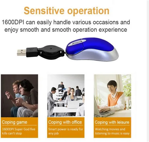 Vista 5 de Mini mouse USB con cable, cable retráctil pequeño para niños de 3 a 8 años, ratones de viaje ópticos compactos de 1600 DPI con cable USB de 2.3 pies