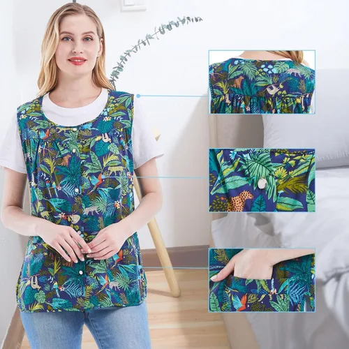 Vista 4 de Nanxson Delantal de zapatilla para mujer con 2 bolsillos de parche, babero impreso de algodón, bata con botones para cocina, chef de trabajo, CF3177