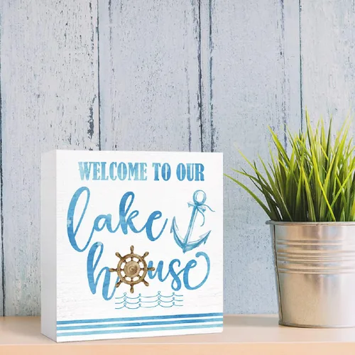 Vista 6 de Letrero de madera con texto en inglés "Welcome to Our Lake House" para decoración de casa con temática de lago, decoración de escritorio
