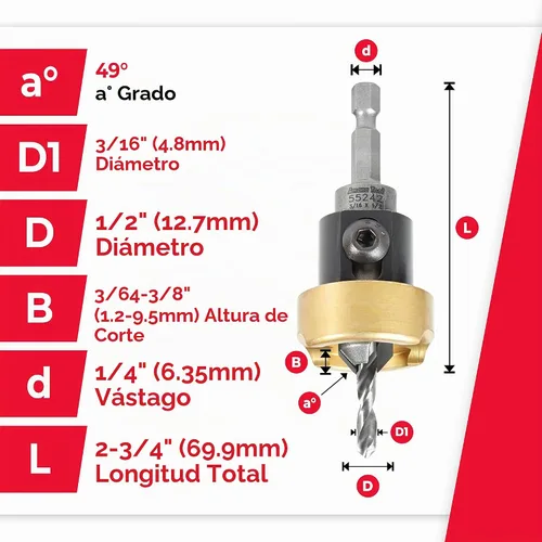 Vista 4 de Amana Tool Avellanador de 82 Grados con Broca con Tope de Profundidad y Rodamiento de Bolas Sin Empuje, 55242, 1/2 D x 3/16 Diámetro de Broca x