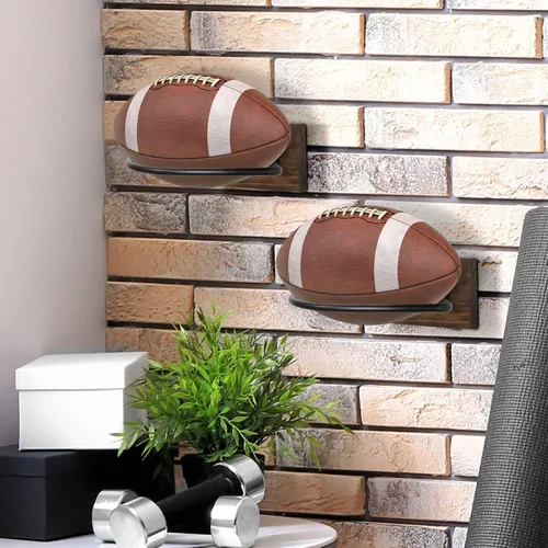 Vista 3 de MyGift Estante de exhibición de fútbol para montaje en pared, madera rústica y soporte industrial de metal negro para pelotas deportivas, decoración