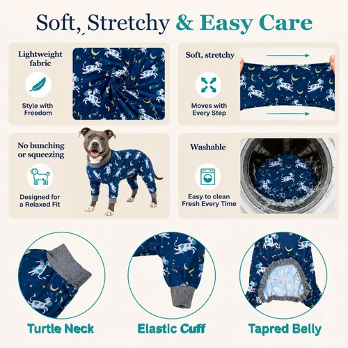 Vista 3 de Tooth & Honey Pit Bull - Pijama para perro con estampado de vaca, luna y estrella, con cobertura completa, pijama ligera para perros grandes