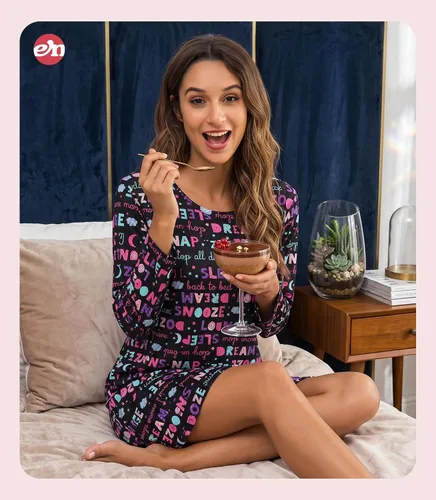 Vista 4 de ENJOYNIGHT Ropa de dormir de algodón para mujer, camisón de manga larga con estampado de camiseta para dormir ABC