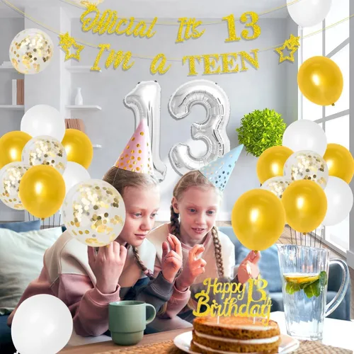 Vista 5 de Decoraciones de cumpleaños número 13 para niños y niñas, suministros de fiesta de cumpleaños número 13 negro dorado con pancarta colgante en espiral
