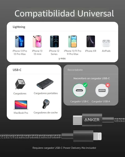 Vista 3 de Anker Nuevo Cable de Nylon USB C a Lightning, Certificado MFi de Apple para iPhone Serie 14, y Más (1 pie, Negro) Para iPhone 14 Series y más