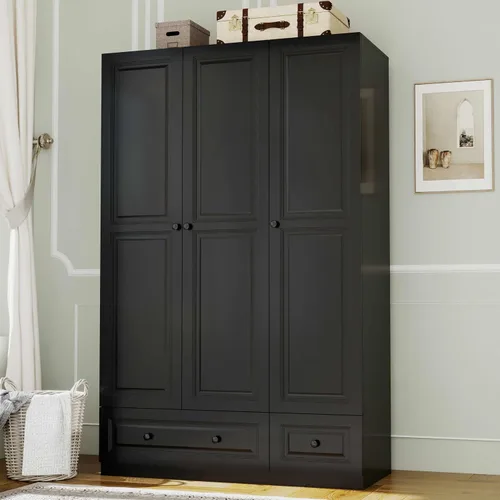Vista 7 de Armario de dormitorio con cajones: armario de madera de 74 pulgadas con 3 puertas, armarios negros con 2 cajones, armario alto con estantes y ropa