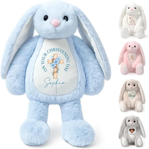 Vista 13 de TNYKER Conejito de Pascua personalizado para bebés, con nombre personalizado, conejito de peluche con orejas largas con monograma, muñeca de conejo