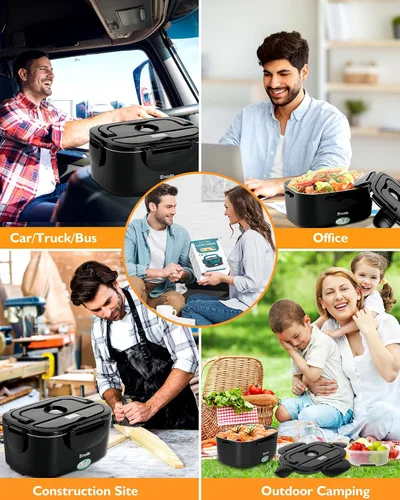 Vista 4 de Eocolz Fiambrera eléctrica calentador de alimentos de 80-100 W, calentador de alimentos con doble contenedor, 1.5L, lonchera portátil calentada