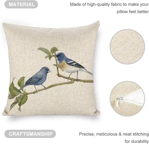 Vista 5 de Fundas de almohada decorativas de lino con diseño de pájaro en acuarela de 18 x 18 pulgadas para sofá, dormitorio, sala de estar y automóvil