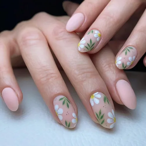 Vista 21 de Uñas postizas ovaladas a presión con puntas francesas, juego de uñas postizas cortas de flores artificiales, uñas postizas acrílicas con diseños