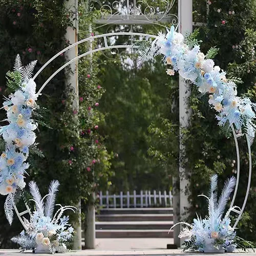 Vista 5 de Arco de metal para ceremonia, soporte de fondo redondo doble de 6.5 pies, soporte de arco de globo circular con base para decoración de bodas
