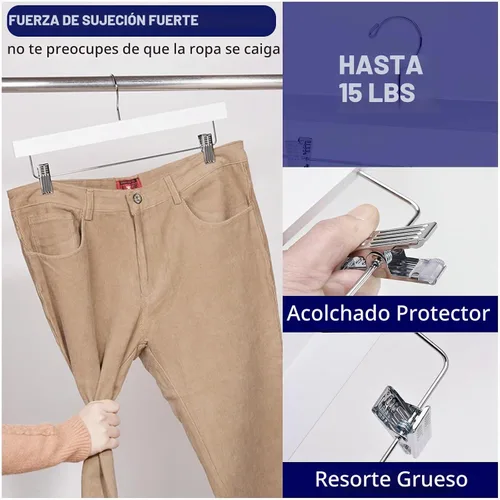 Vista 4 de Amber Home Paquete de 10 perchas de madera blanca para pantalones con 2 clips ajustables para jeans, pantalones cortos Blanco