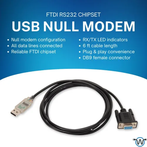 Vista 2 de Wirenest Cable de módem nulo USB a RS232 - 6 pies DB9 hembra Chipset FTDI LEDs RX/TX Conectores moldeados Todas las líneas de datos
