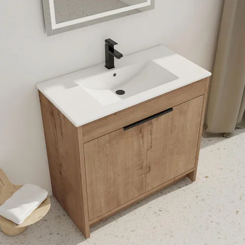 Vista 8 de Juego de tocador de baño independiente con lavabo, armario de almacenamiento moderno de 24 pulgadas con fregadero de cerámica blanca, gabinete