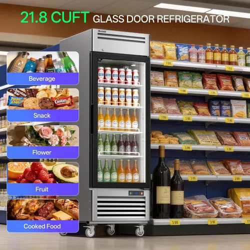 Vista 4 de Coolski Refrigerador comercial de puerta de vidrio de 1 puerta, comercializador de pantalla de acero inoxidable con luz LED para uso comercial