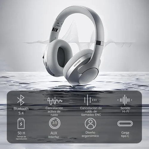 Vista 2 de Xmenha BT048S Auriculares inalámbricos y con cable sobre la oreja, negro, batería de 50 horas, Bluetooth 5.4, ANC, viajes y deportes