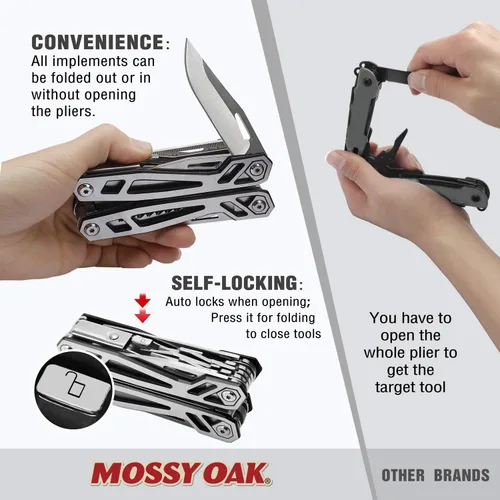 Vista 3 de MOSSY OAK Multiherramienta, cuchillo de bolsillo de acero inoxidable 21 en 1 con funda de destornillador, alicates autobloqueantes con funda