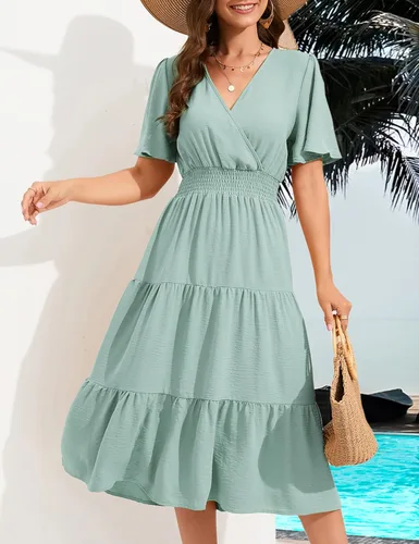 Vista 4 de KOJOOIN Women's Casual Wrap V Neck Midi Dress Long Sleeve Smocked Waist Tiered A Line Pleated Flowy Long Dress