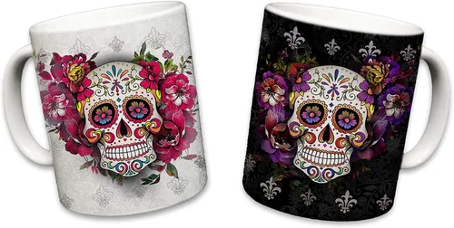 Vista 12 de Sweet Gisele Taza de cerámica de calavera de azúcar, taza de café con estampado floral, diseño del Día de los Muertos, hermosos colores vivos, gran