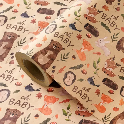 Vista 12 de WRAPAHOLIC Rollo de papel de regalo Kraft Animal - Mini Rollo - 17 pulgadas x 16.5 pies - Diseño de mono, elefante y dinosaurio lindos, perfecto