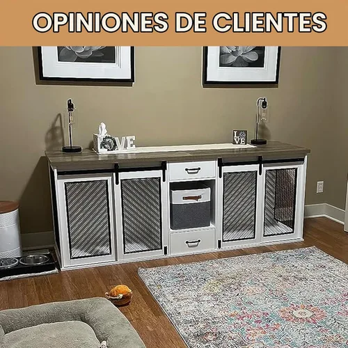 Vista 4 de Mueble de jaula para perros extra grandes, puerta corredera de 85 pulgadas, doble perrera para 2 perros grandes divididos, muebles de madera